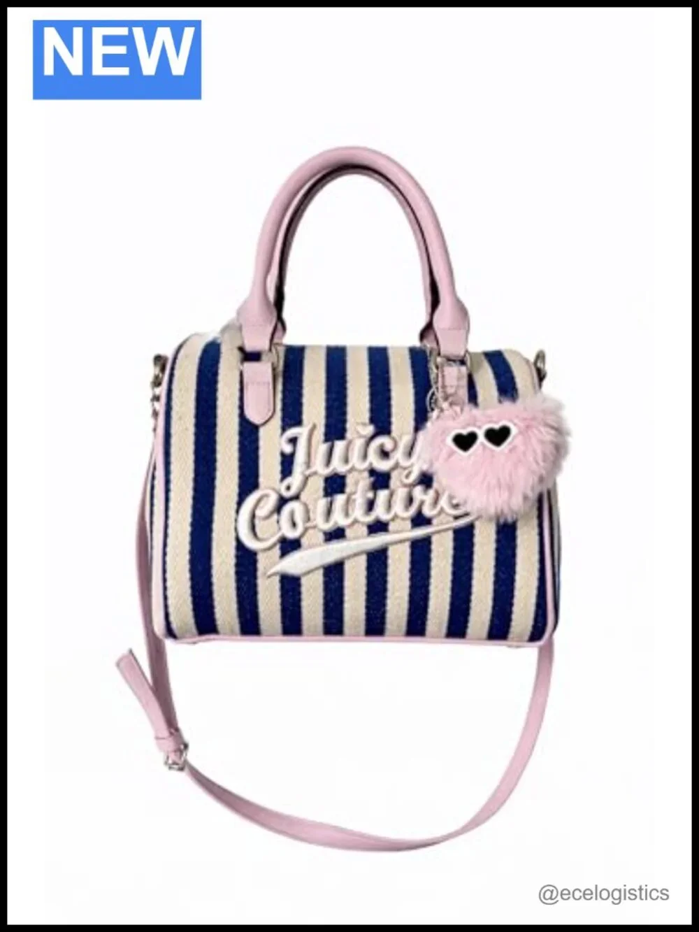 Top Handle Satchel with Crossbody Strap, Embroidered Logo, Pink Pom-Pom Charm